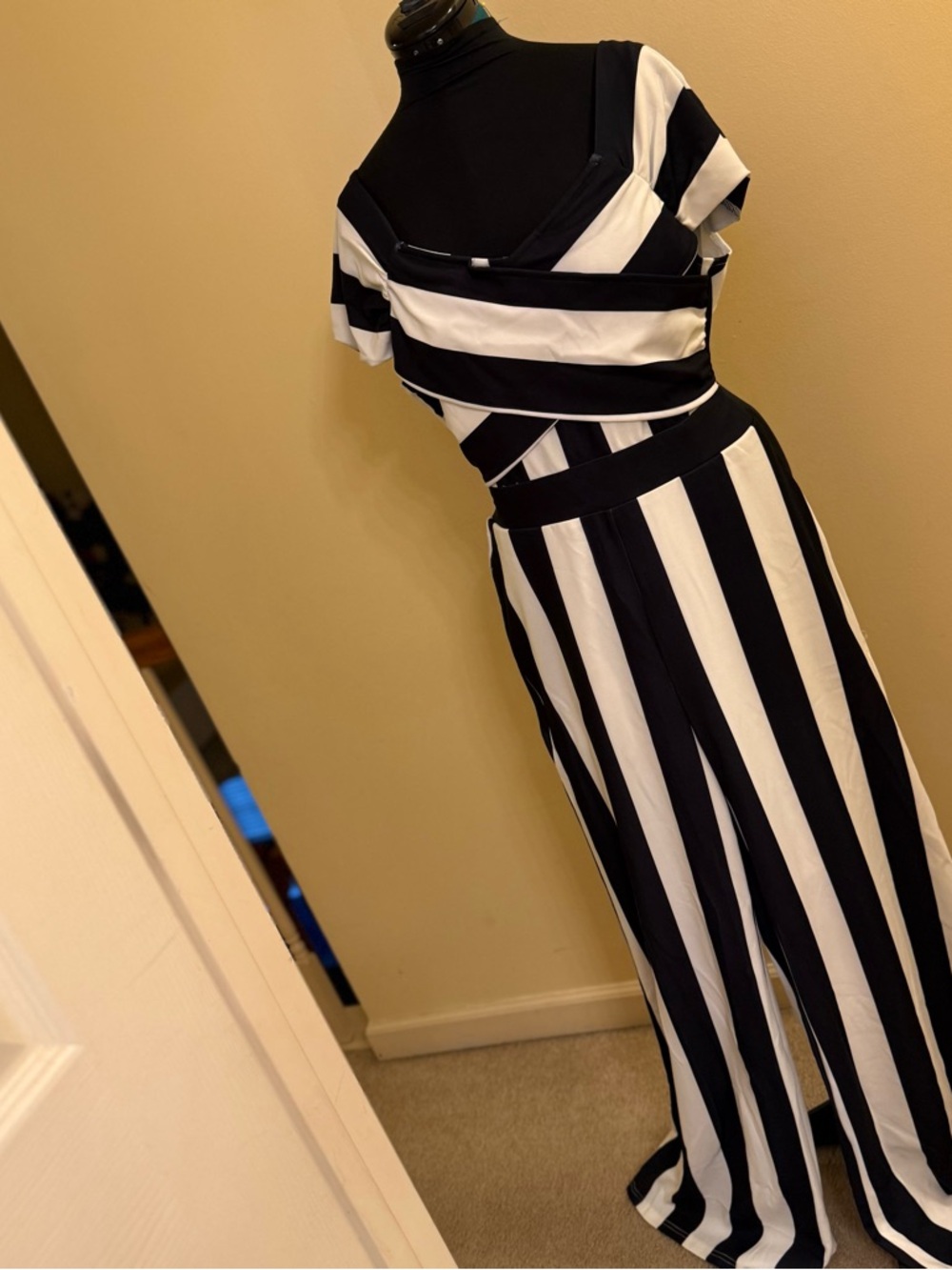 New York & Co Black & White Striped Wide-Leg Jumpsuit